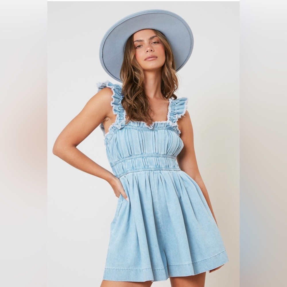Light Blue Ruffled Denim Jumpsuit